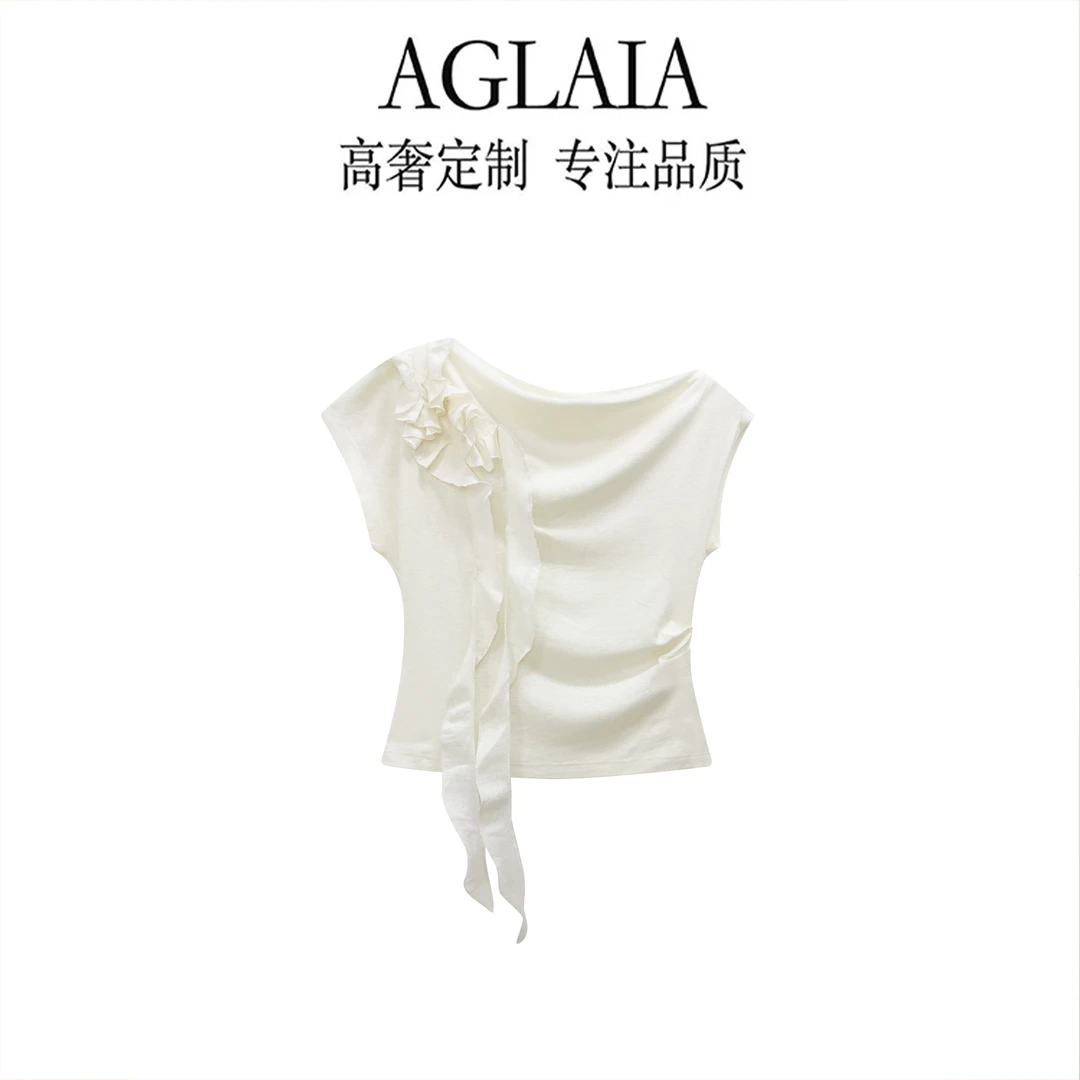 AGLAIA~夏季新款小众设计优雅温柔风不对称斜肩荷叶边T恤女6852