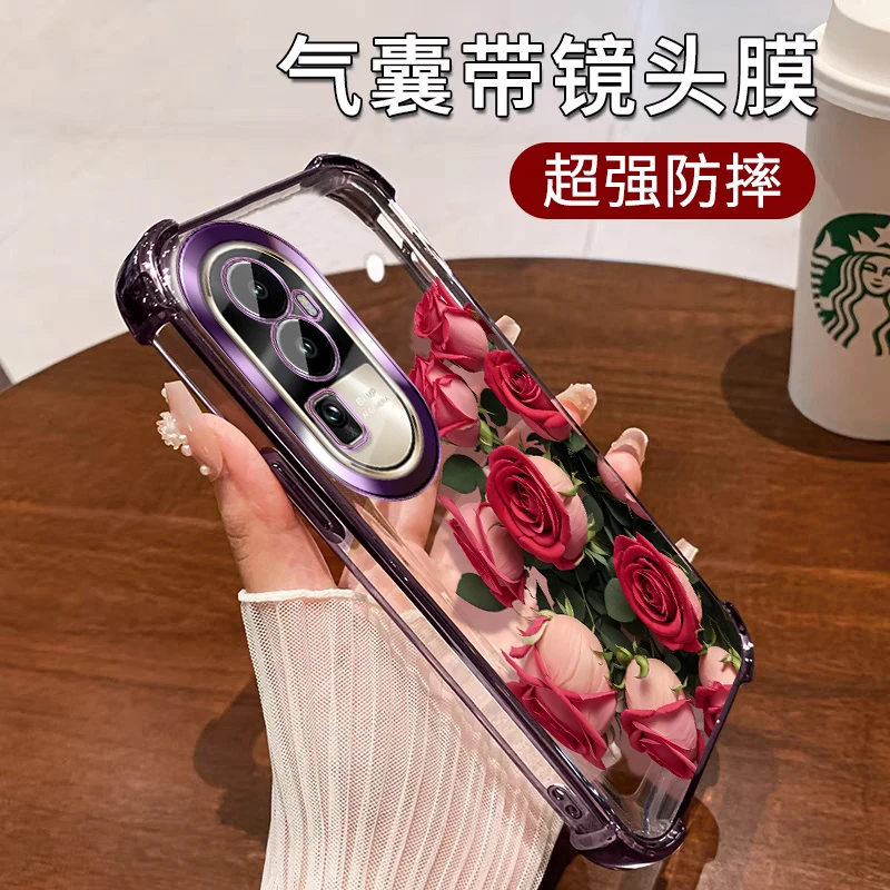 自带镜头膜适用OPPOReno10手机壳透明防摔reno10pro硅胶红色碎花