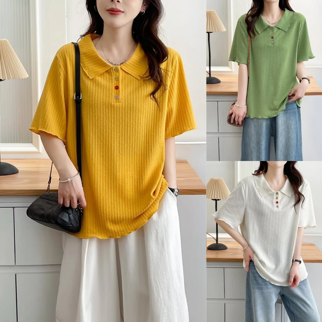 大弹力微胖mm宽松甜美减龄大板型大码女装夏季短袖套头POLO领t恤