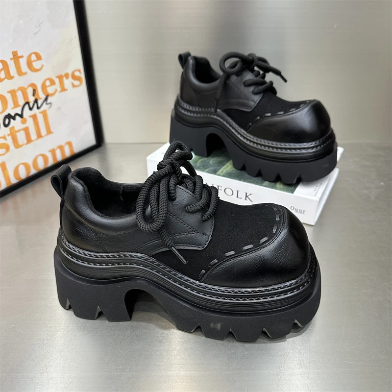 女款时尚休闲百搭厚底乐福鞋黑色复古英伦风圆头系带粗跟松糕底鞋