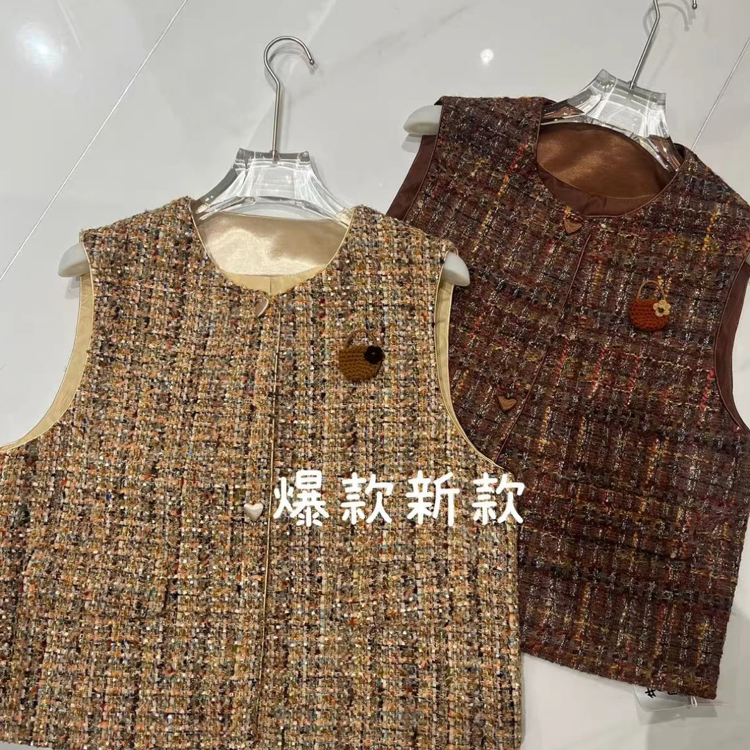 圆领厚款抽褶修身型女单排扣马夹秋冬编织时尚毛马甲
