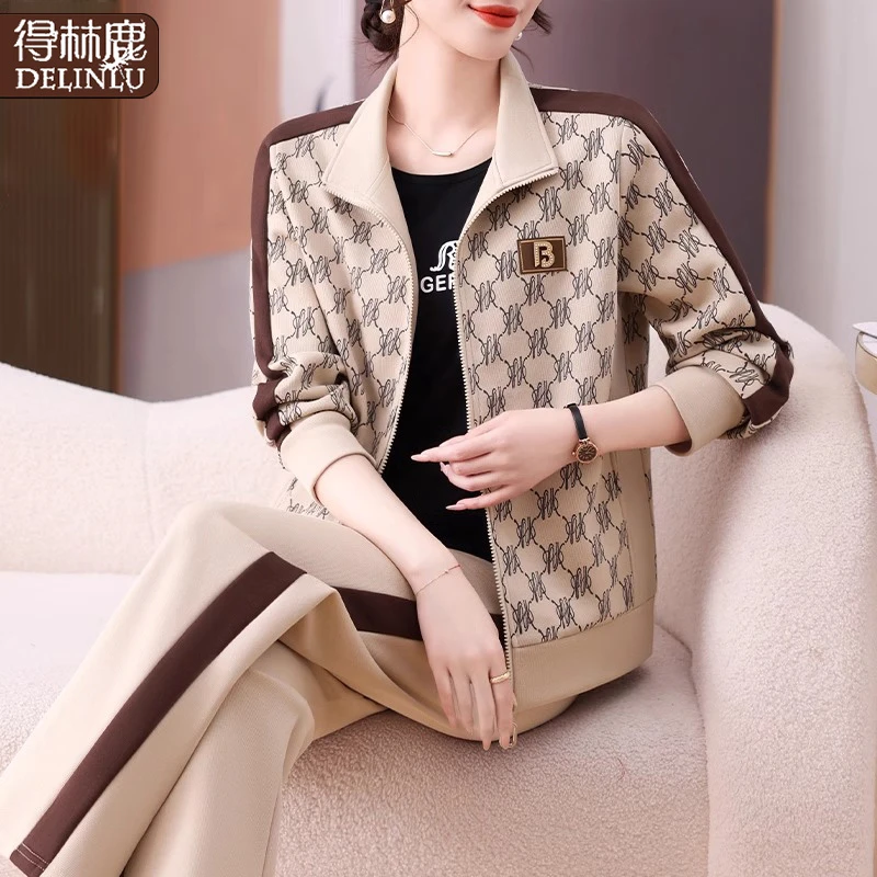 中年妈妈春装新款洋气上衣三件套中老年女运动服套装春秋休闲外套