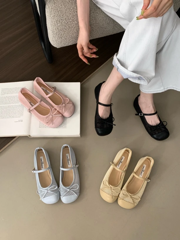 L C853 时尚网面单鞋2025夏季透气平底复古仙女风配裙子网面单鞋