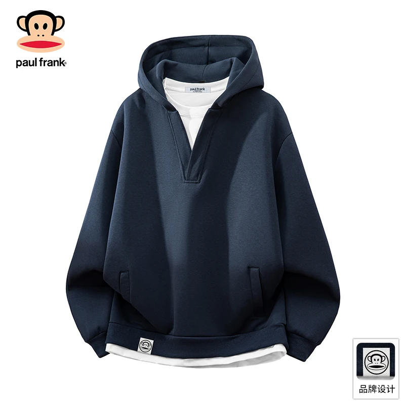 PaulFrank/大嘴猴叠穿假两件连帽卫衣男秋季美式宽松休闲运动上衣