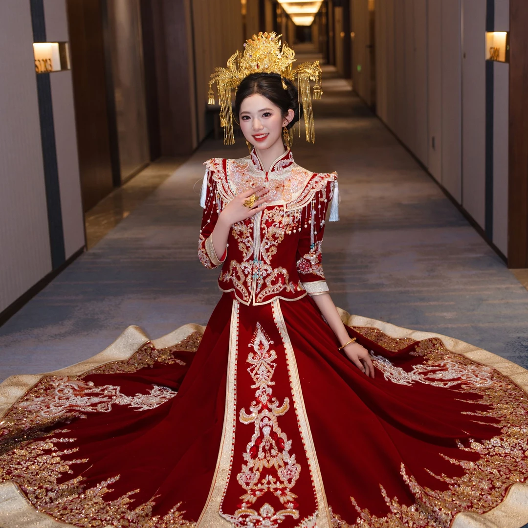 丝绒高端大码秀禾服2025新款中式嫁衣新娘结婚出阁敬酒龙凤褂婚服