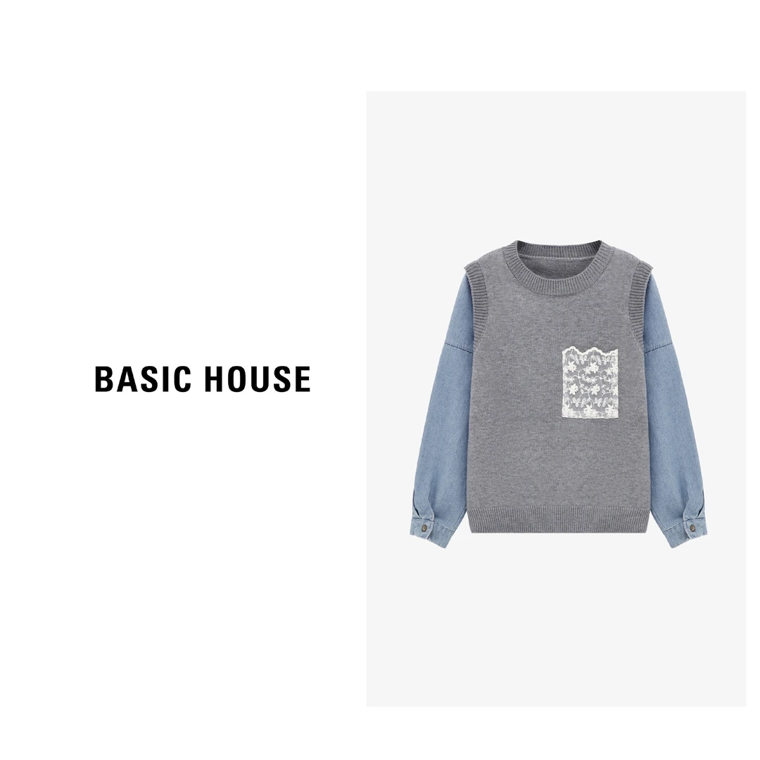 Basic House/百家好2025春季新款牛仔拼接套头毛衣-B0625H5G562