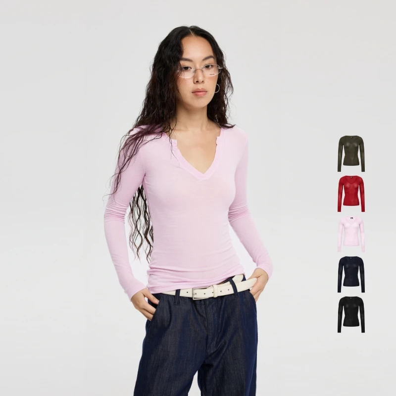莱赛尔v领长袖运动针织亲肤短款女士纯欲清冷系禅意衣服女
