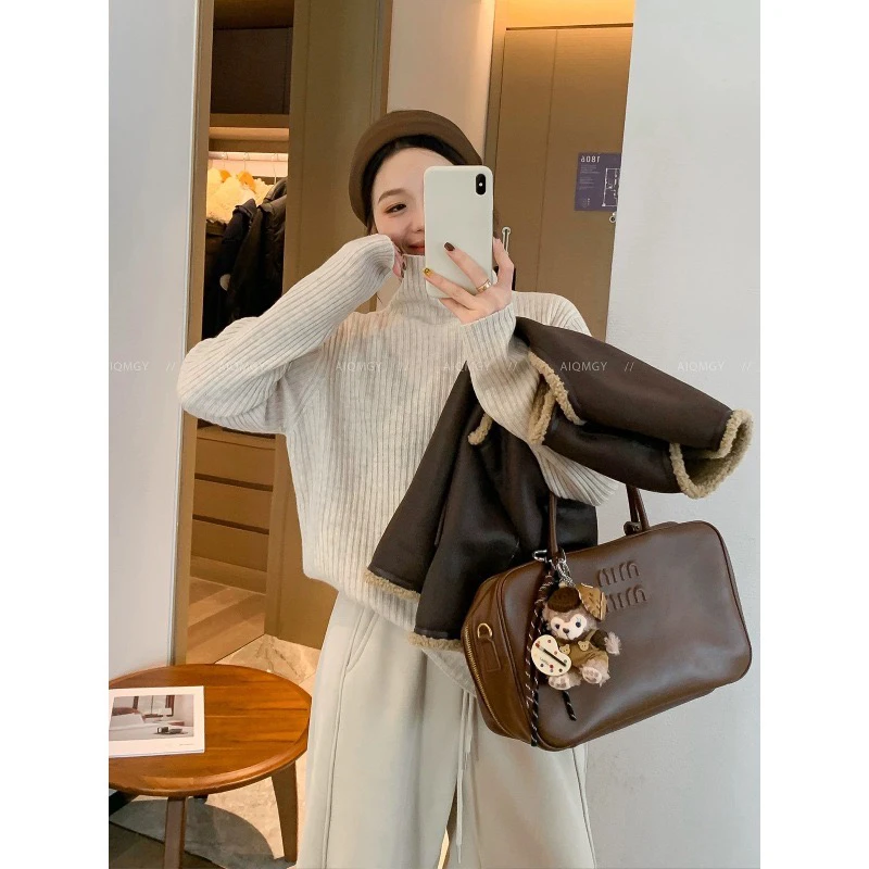 全羊毛秋冬全高领竖坑条毛衣女慵懒风加厚保暖内搭长袖针织衫