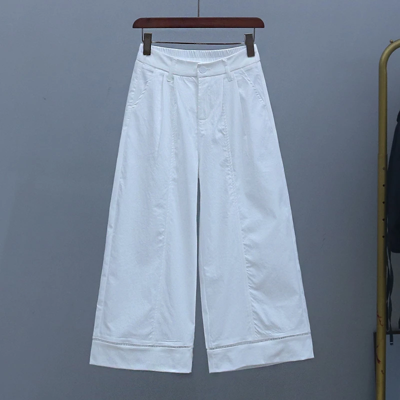夏季薄款直筒裤2025年新款半松紧腰阔腿休闲裤白色百搭女式九分裤