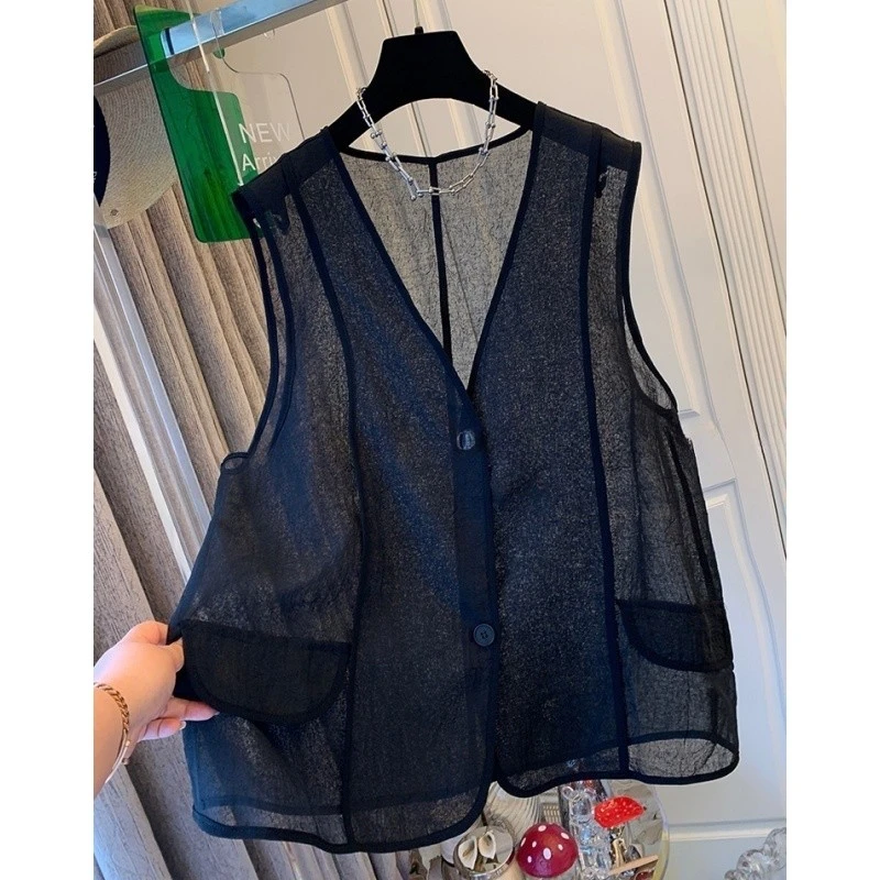 高级感轻奢气质黑纱马甲背心外穿宽松时尚薄款上衣女2025夏季新款