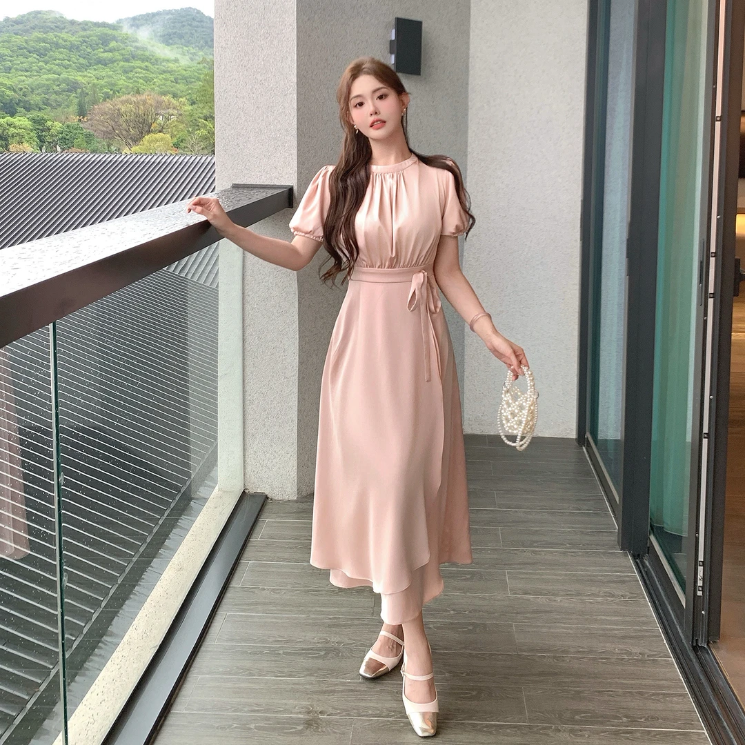 MB大码女装【馥郁香薰】法式缎面拼接长裙荷叶边泡泡袖系带连衣裙夏