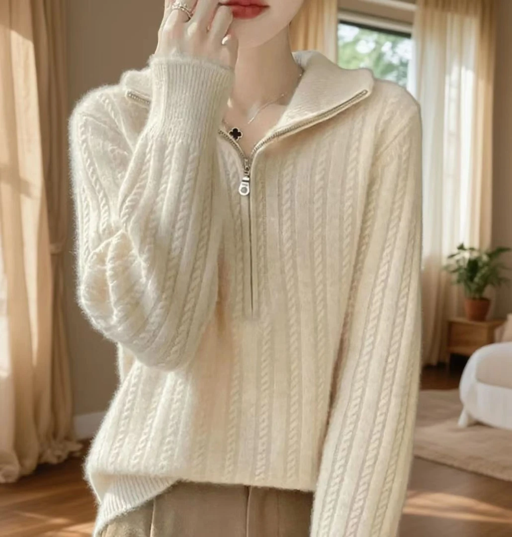 半拉链纯100羊绒衫针织衫女秋冬毛衣立领加厚款时尚气质时尚减龄