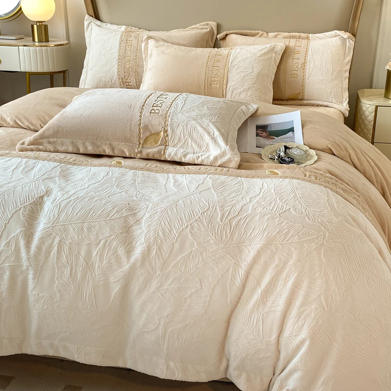 水星高端适用家纺新款加厚牛奶法兰绒四件套秋冬季加绒被套双面绒