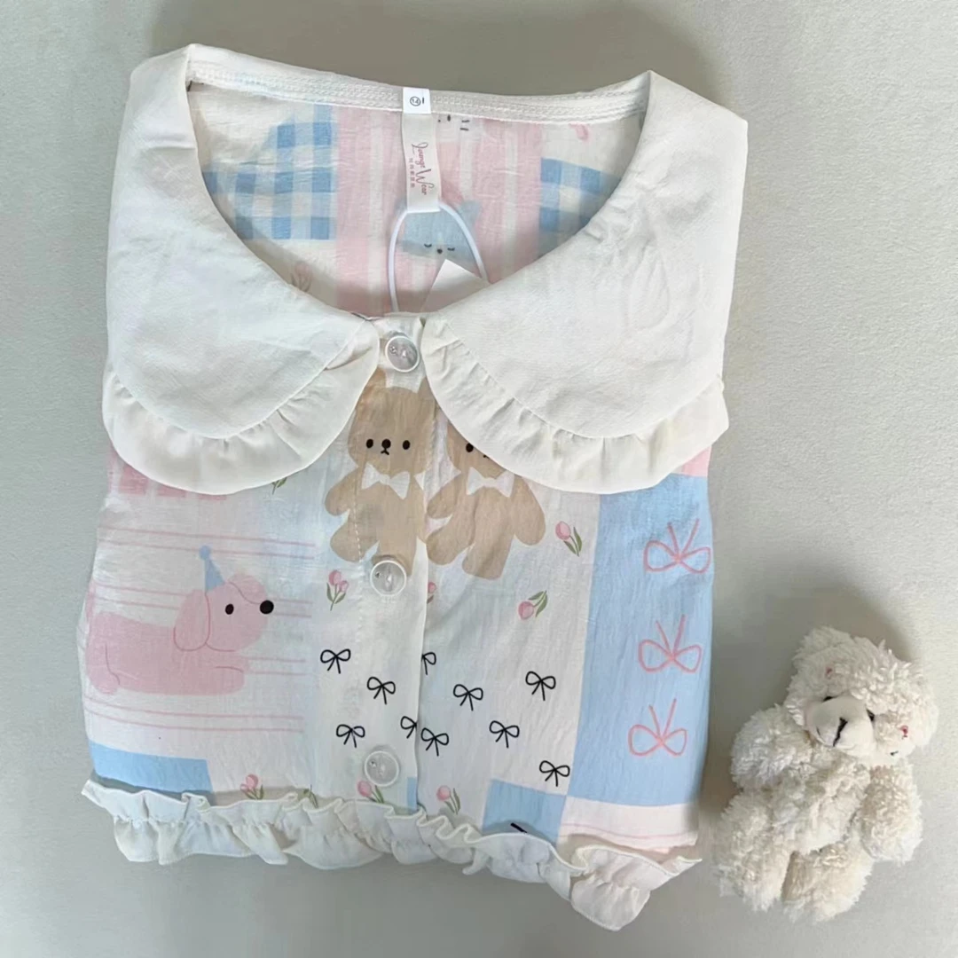 小猫小狗春秋季新款长袖奶乎乎娃娃领带胸垫女睡衣两件甜美