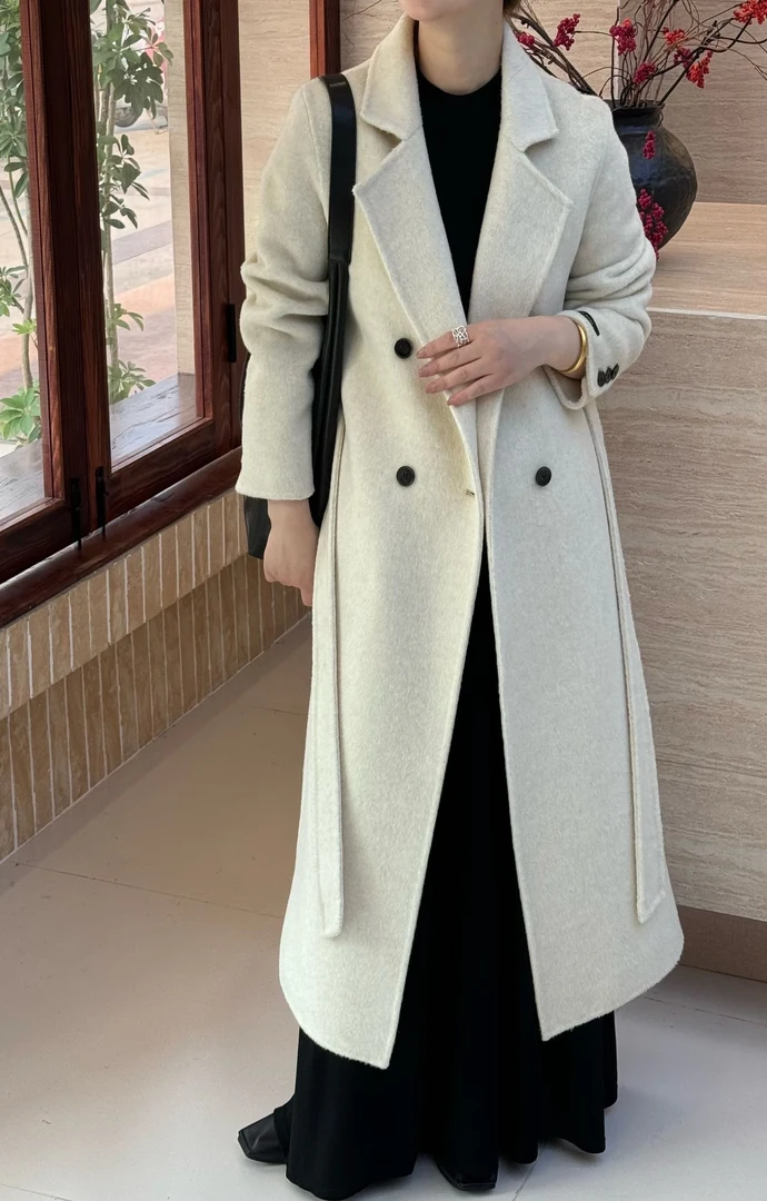 羊毛大衣女式修身西装领双排扣双面羊毛外套秋冬韩系显瘦长款毛呢