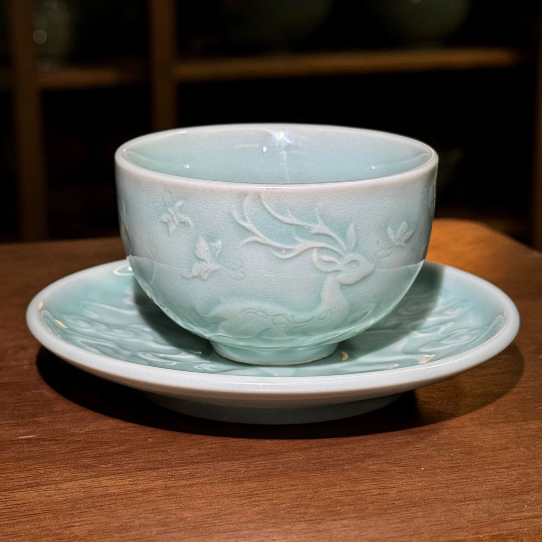 【长安知己】中国非遗「微瑕鹿鸣盏托」耀州窑青瓷天青中式拖杯80ml