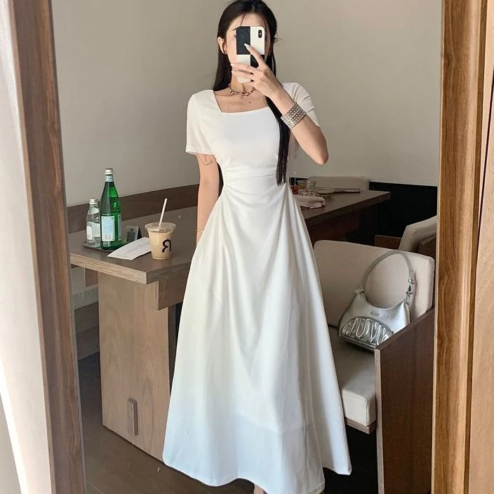 大林专属夏季新款法式气质短袖连衣裙a字高腰显瘦裙042
