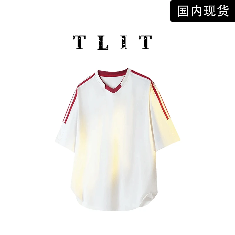 【品牌现货】TLIT美式短袖t恤男款夏季潮牌条纹拼接宽松休闲上衣服