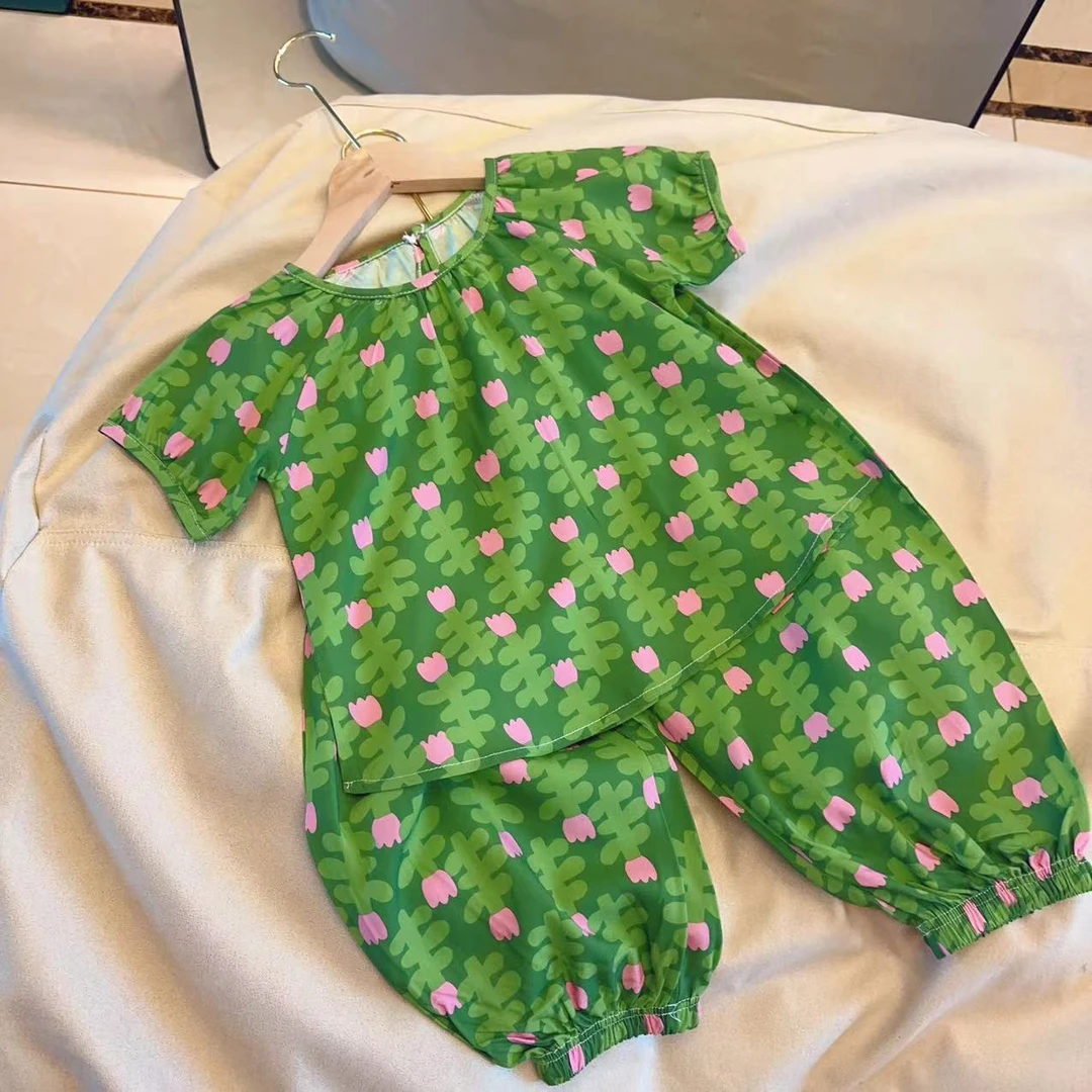 【女童集合T】国风在仓棉绸亲子短袖套装2025夏季女童短袖长裤套装