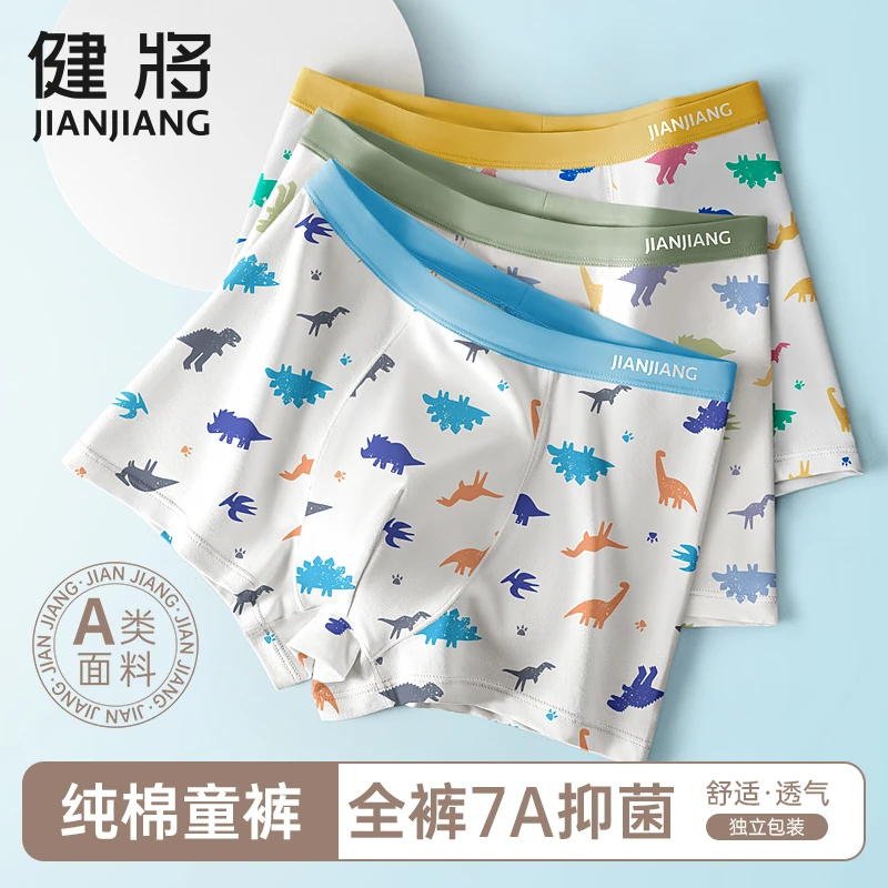 健将儿童内裤男童A类纯棉青少年发育期桑蚕丝抗菌中大童四角短裤