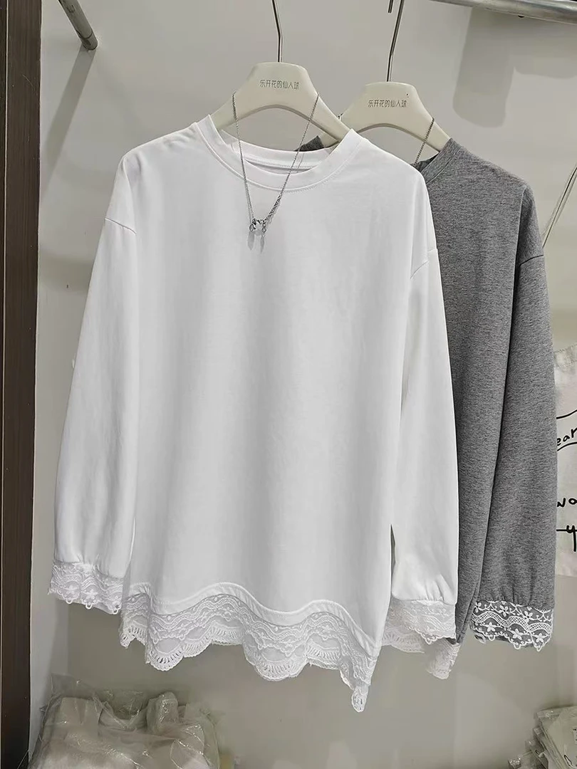长袖蕾丝时尚显瘦加厚长袖T恤白色简约春季百搭潮流inst恤