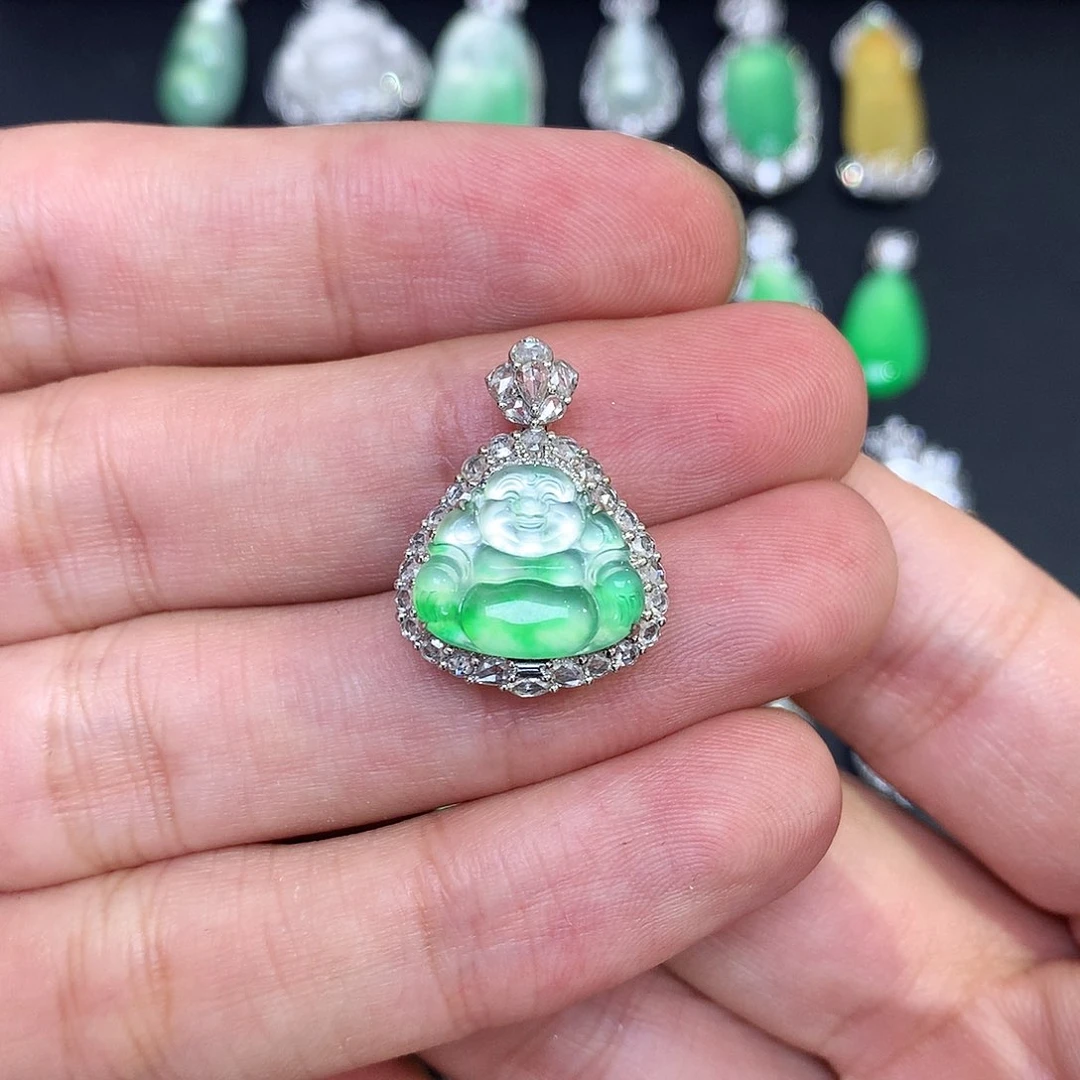 翡翠18K金镶嵌吊坠(不含链)木纳炸光佛公