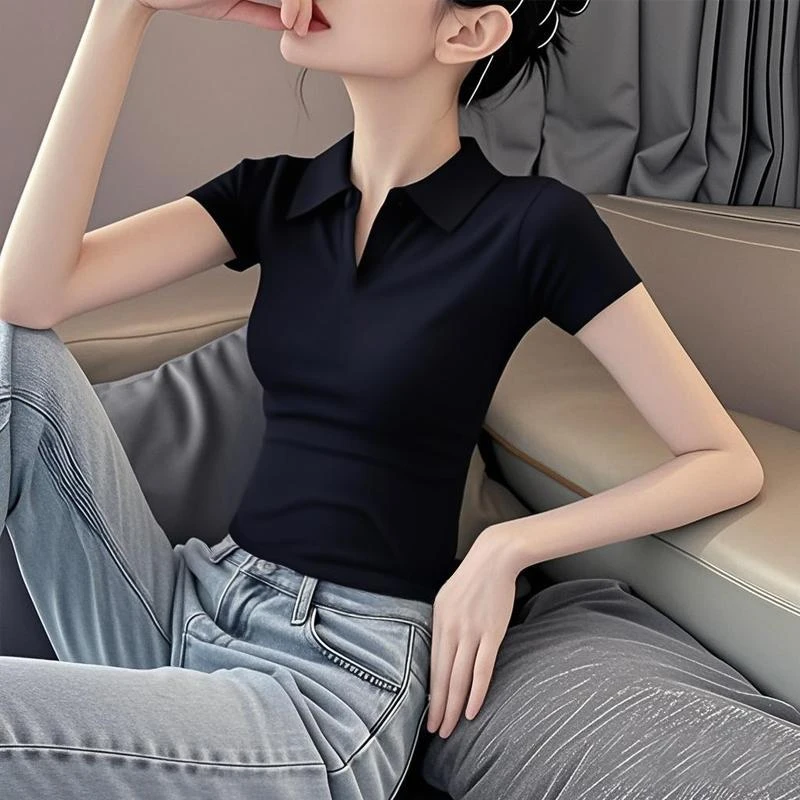 2025新款夏季polo领黑色下摆修身百搭设计感正肩短袖T恤女上衣潮