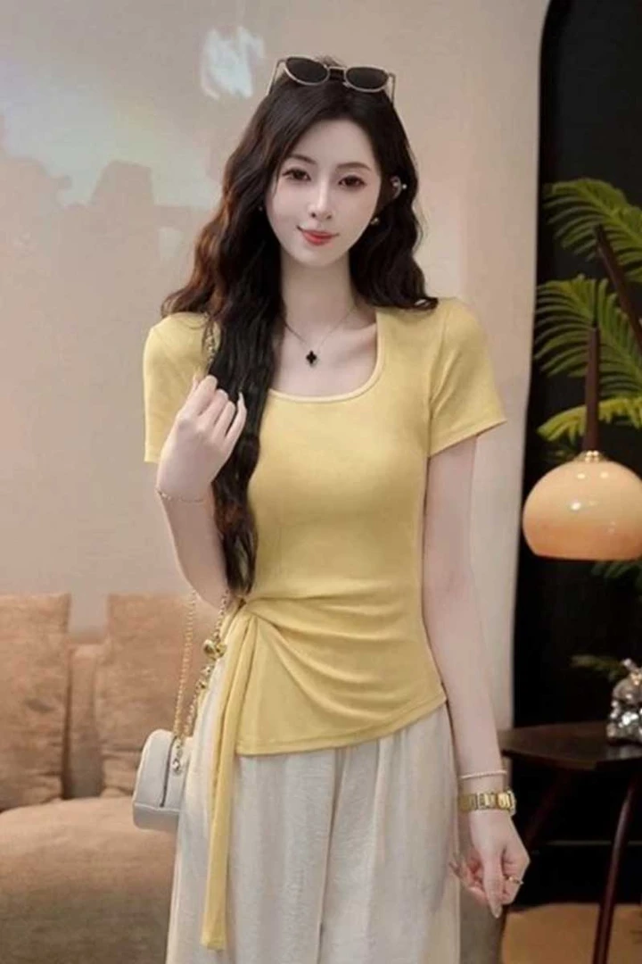 【落日剪影】夏季设计感修身显瘦不规则短袖T恤女