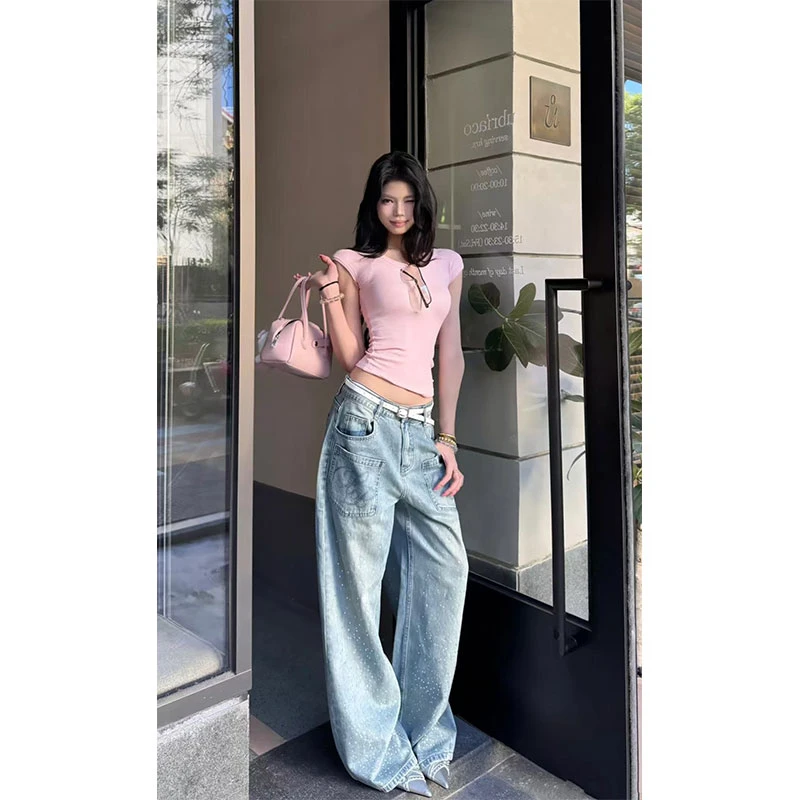 2025夏季新款chic网红减龄少女感修身短T恤上衣配高腰阔腿牛仔裤