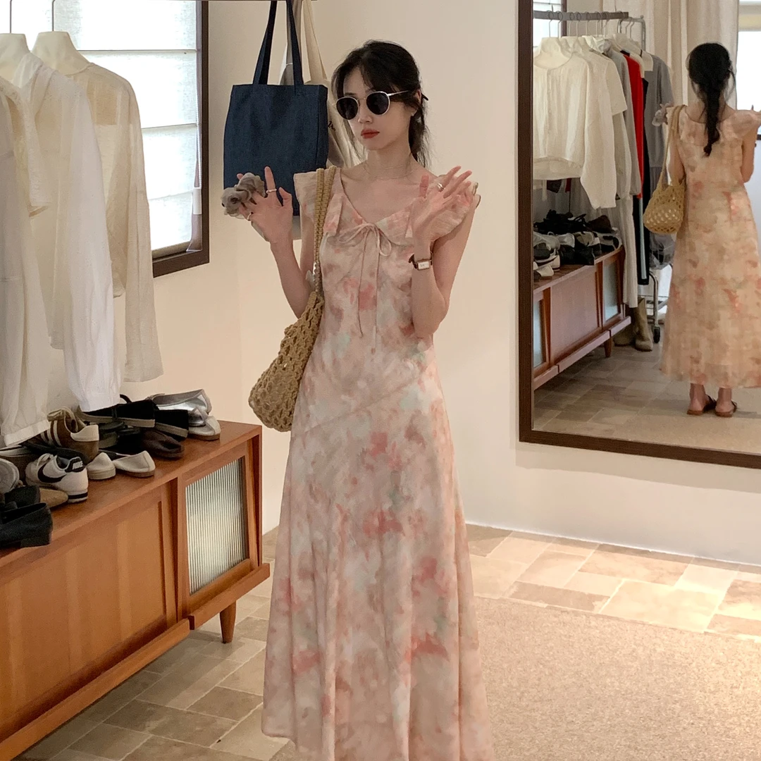 法式桔粉色荷叶边晕染连衣裙女2025夏新款碎花修身显瘦长裙