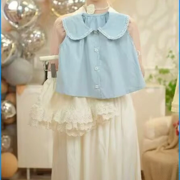 休闲女童套装纯色夏季女套头套装国风日常法式上衣套装