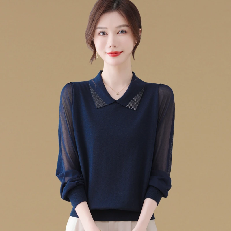 早秋新款薄款气质翻领针织打底衫女春秋新款洋气长袖时尚宽松上衣