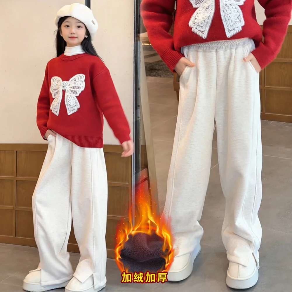 高品质童装女童红色蝴蝶结毛衣圣诞新年上衣中大童加绒加厚糯米裤