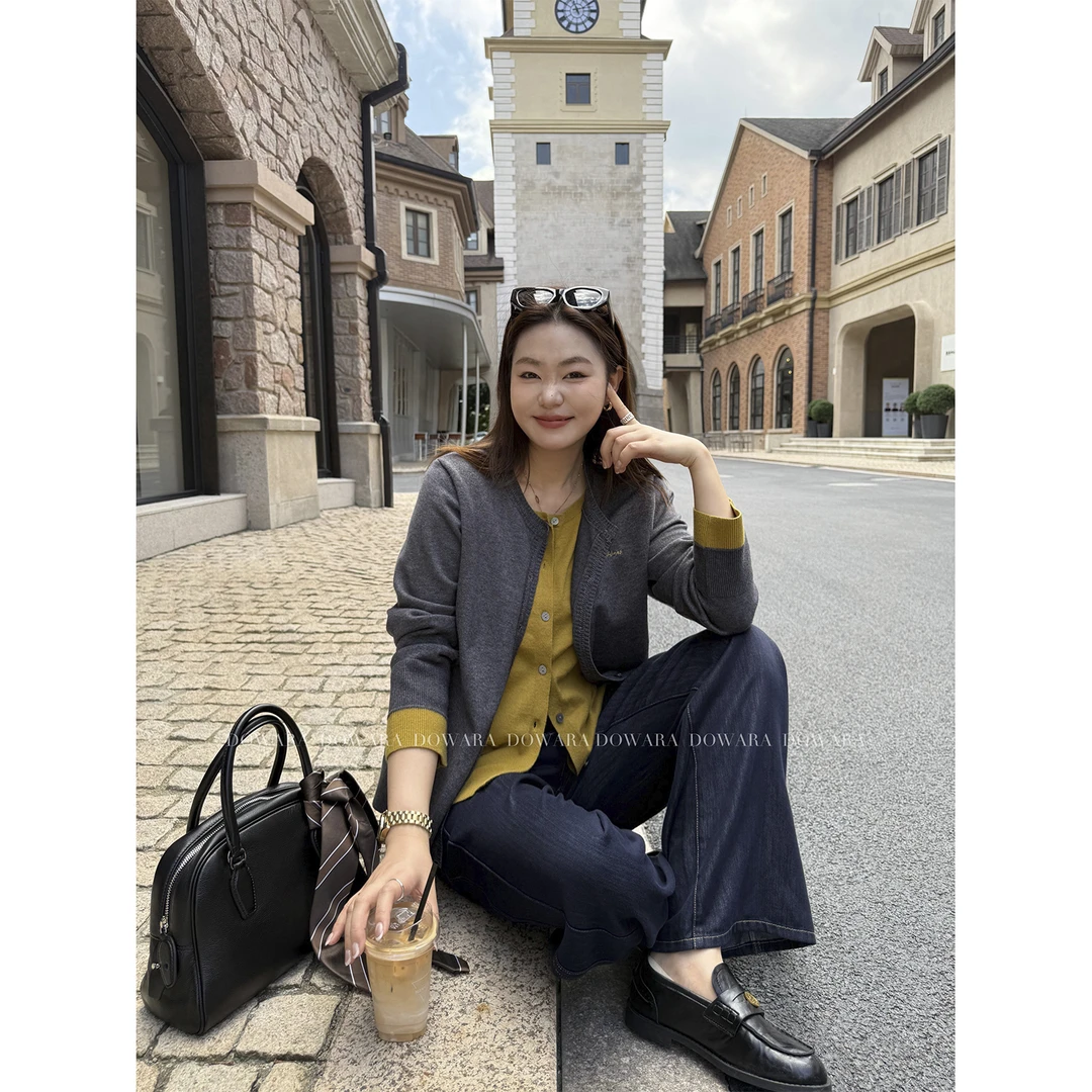 现货大婉酱微胖定制【典雅灰韵】韩系慵懒撞色毛织假两件上衣 1082D