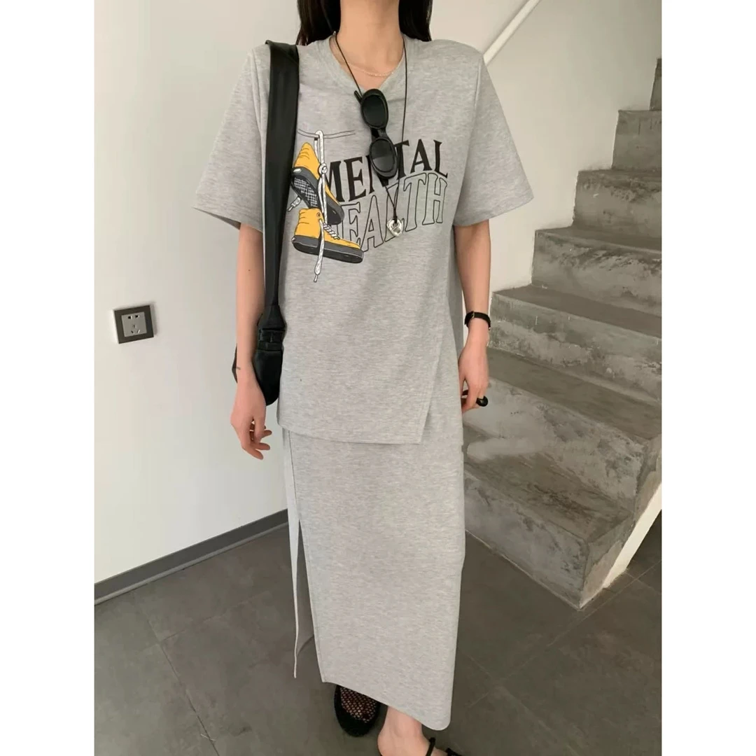 【土豆优选】设计感开叉印花上衣➕半裙套装
