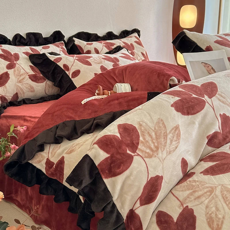 A类母婴级韩式床裙款印花牛奶绒四件套韩版花边被套公主风四件套