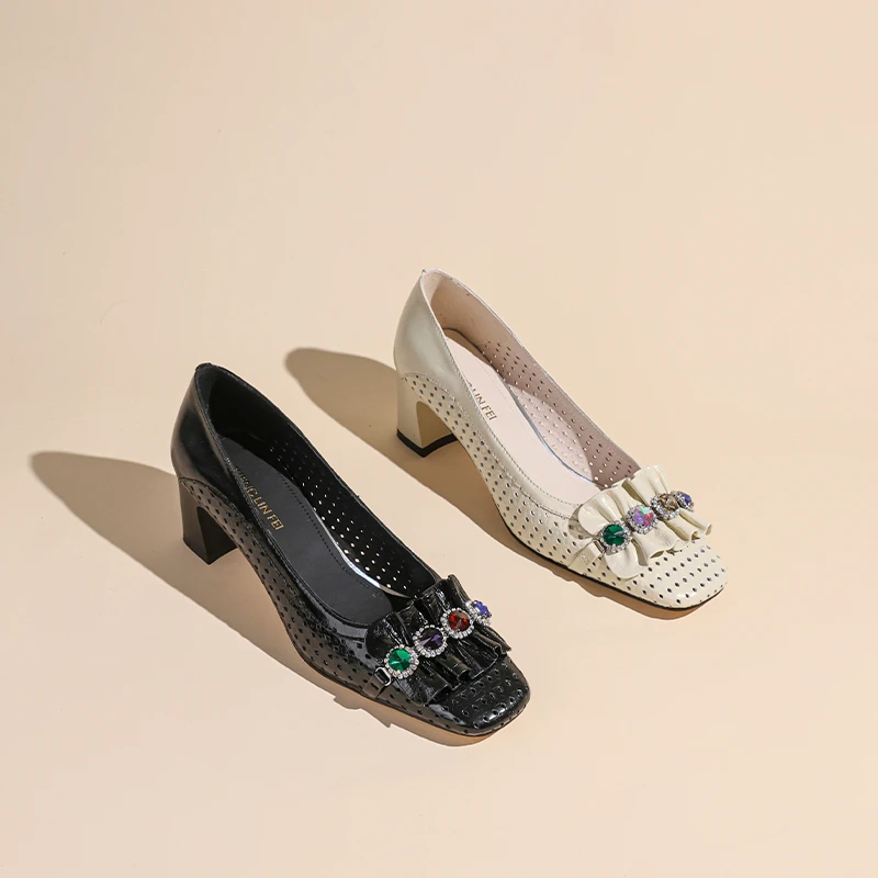 圣琳妃/牛皮/5CM法式水钻方头高跟单鞋女夏季粗跟百搭女鞋D20153
