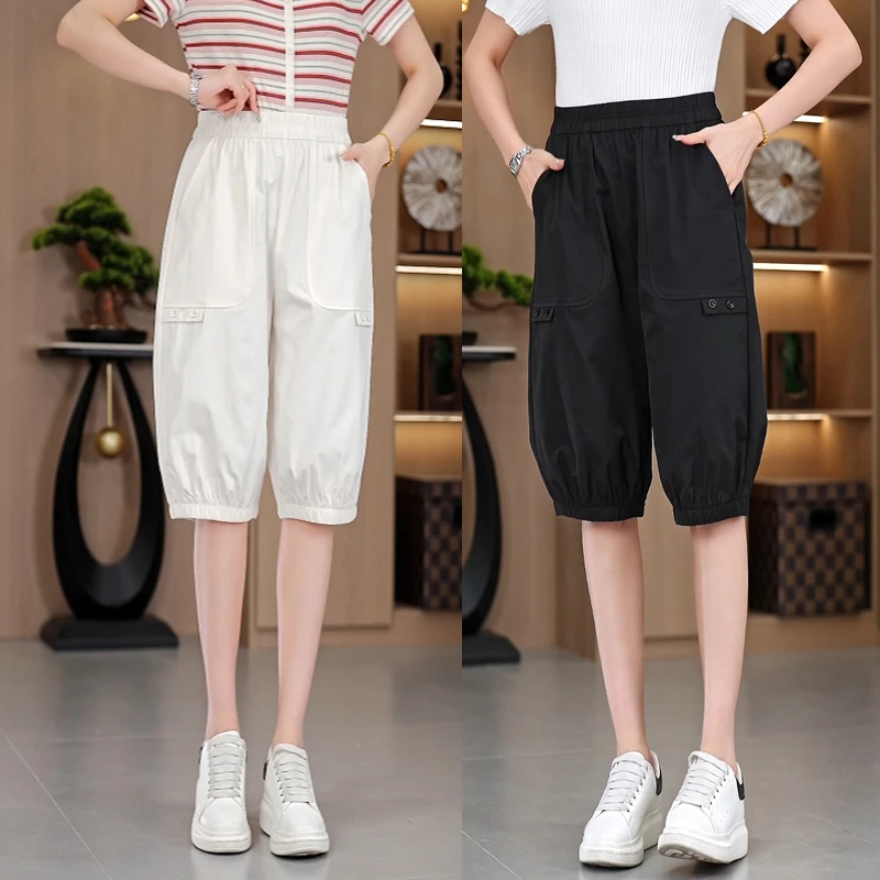 夏季薄款冰丝七分裤女新款高腰显瘦休闲哈伦裤宽松短裤白色萝卜裤