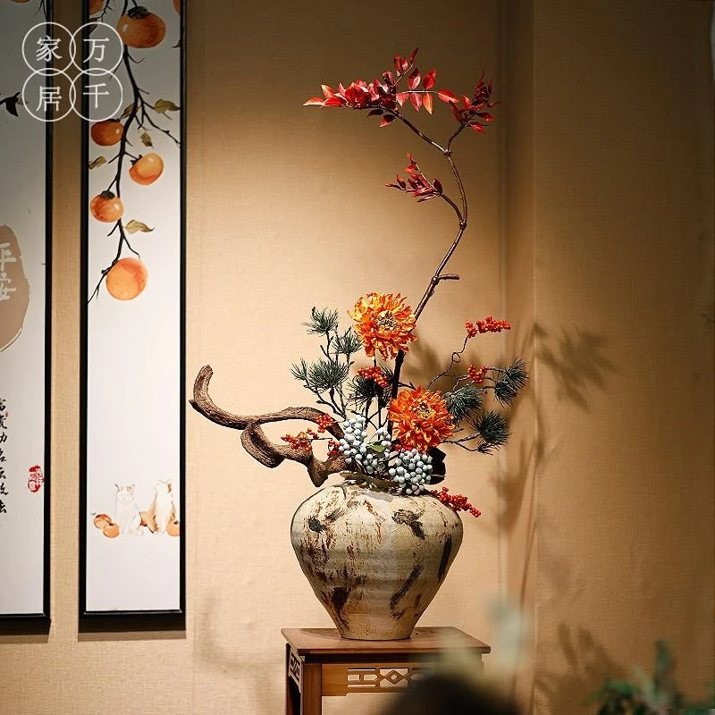 侘寂风手绘陶瓷花瓶摆件禅意新中式高级插花玄关桌面民宿酒店装饰
