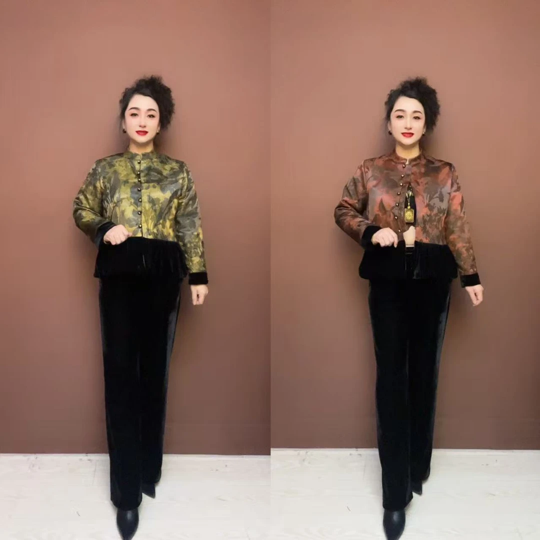 815款时尚妈妈冬装棉服短款中老年冬季加厚保暖国风立领棉袄套装