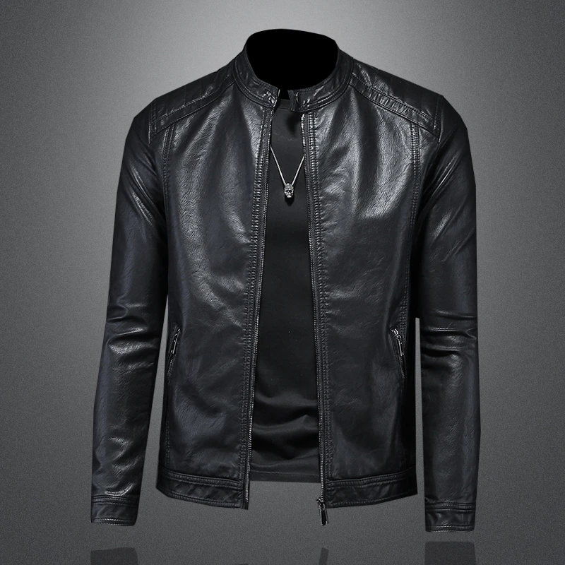 BOY NORMAN时尚简约立领皮衣男士春秋潮流修身皮夹克帅气百搭外套