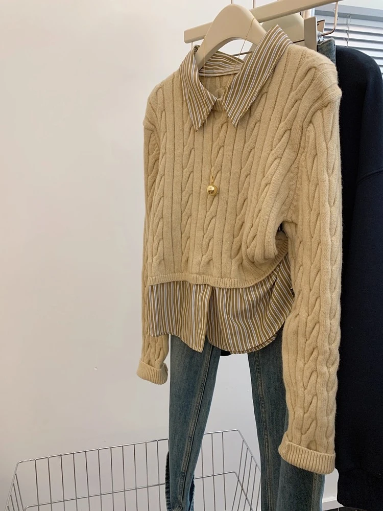 黄色套头拼接假两件毛衣衬衫女2025秋季新款时尚洋气百搭小众上衣