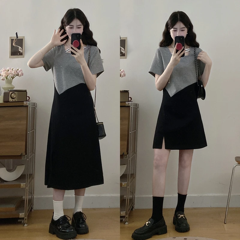 大码胖mm设计感金闪拼接假两件显瘦时尚连衣裙女