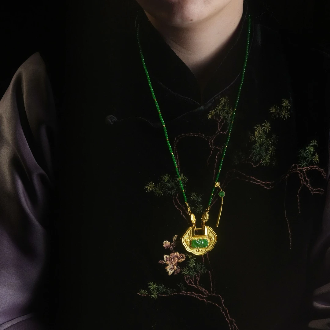 【福禄寿】足金冰阳绿翡翠珠链项链 宫廷老翡翠帝王绿老式锁牌