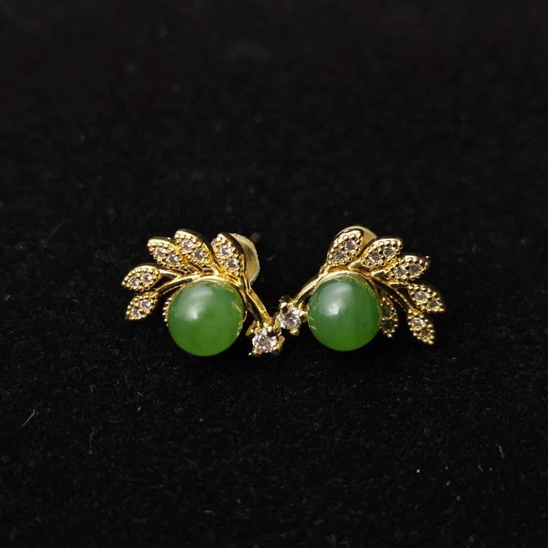 【好玉友】菠菜绿圆珠羽毛镶嵌耳钉 和田玉耳饰 时尚女款