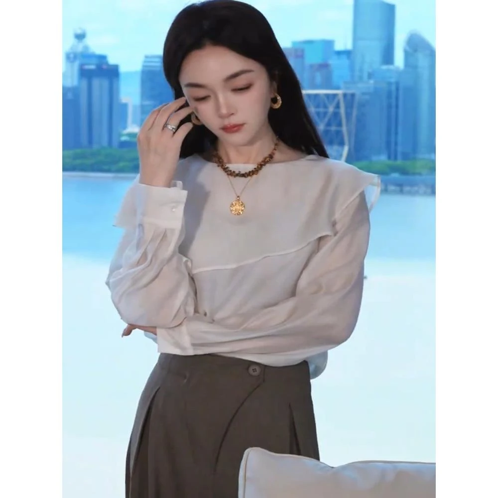 2025早秋新款松弛感百搭海军领长袖衬衫女设计感小众宽松显瘦上衣