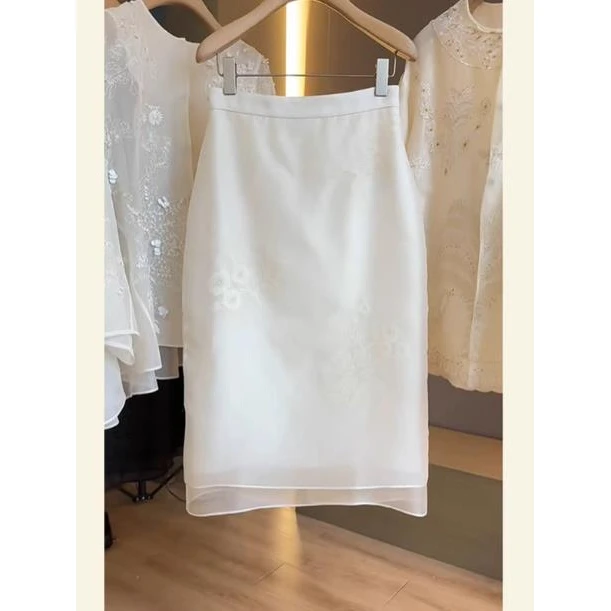 巨好搭！真心舒服！高腰显瘦裙子气质白色重工网纱直筒半身裙女夏季