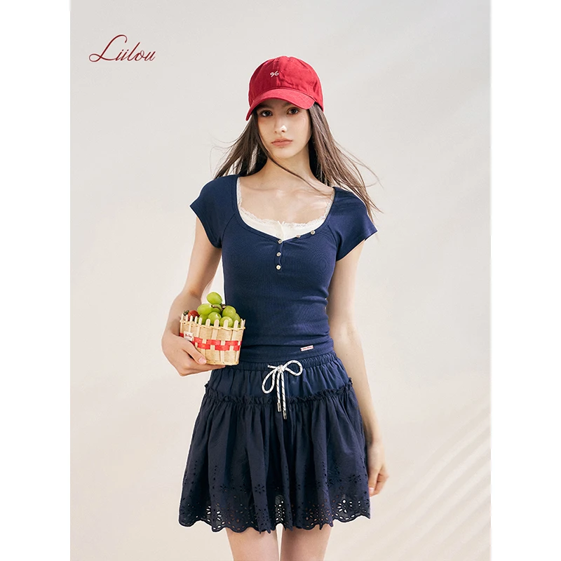 Liilou 25ss clean fit 亲肤人棉V型领半开扣基础短袖T恤夏季新款