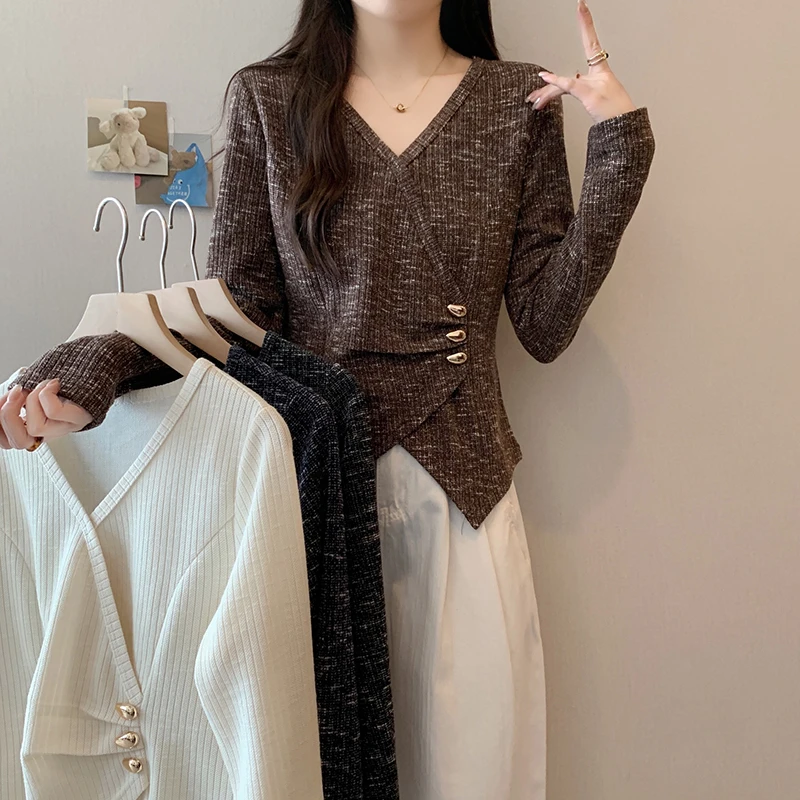 2025秋装新款胖mm大码女优雅气质交叉领不规则长袖针织上衣36181