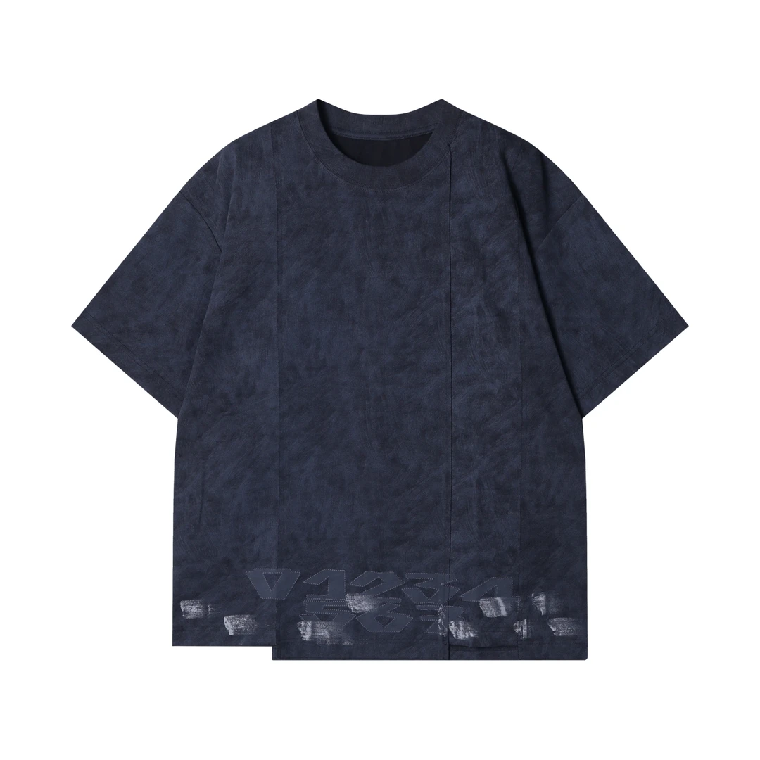 夏季高级感新款美式不规则下摆晕染刷漆圆领短袖T恤宽松情侣上衣